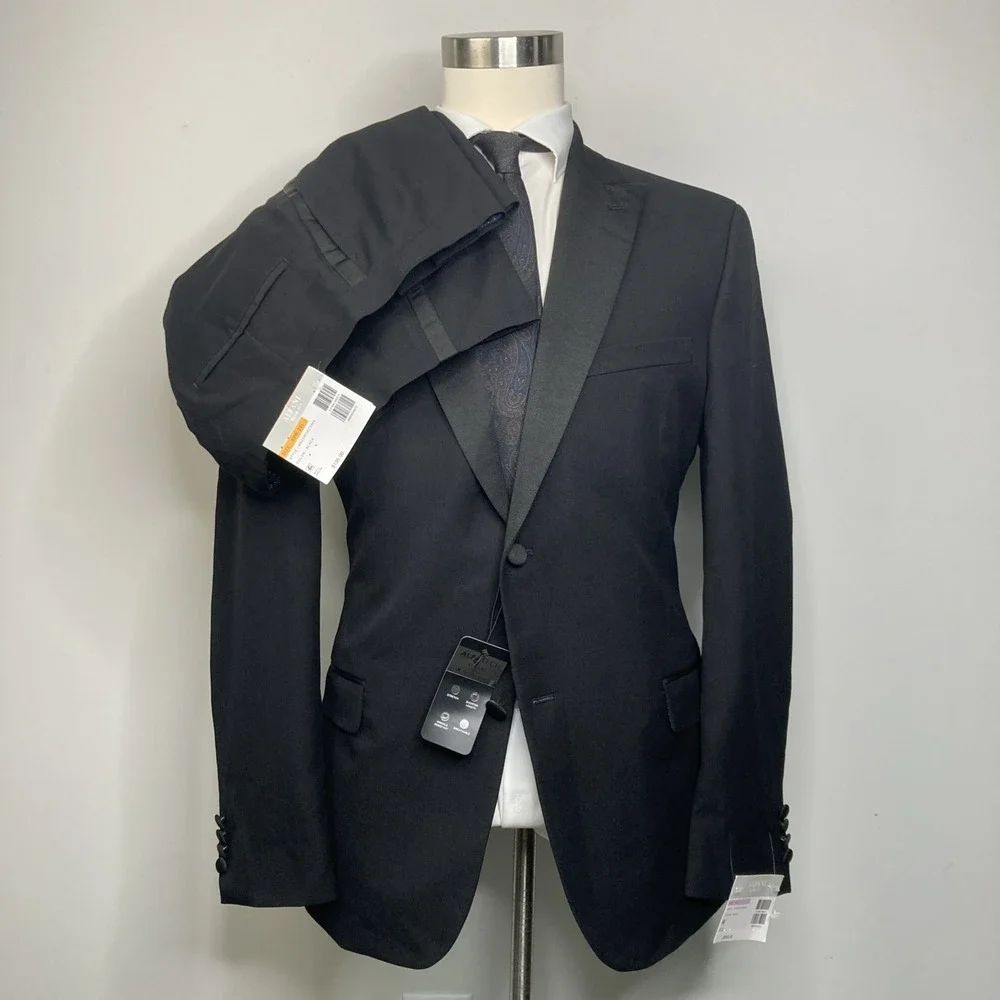 Alfani Mens Slim fit 2-pc Tuxedo Suit Jacket Blazer 42R Black Solid Pants 33W 32